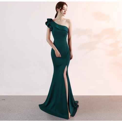 Corzzet Blue Cotton One Shoulder Reffle Maxi Party Dress Sexy Slit Club Elegant Women Mermaid Slim Long Party Dress
