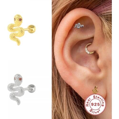 Aide 1PCS Funny Tiny Snake Stud Earrings 925 Sterling Silver Small Luxury Zircon Thread Piercing Cartilage kolczyki damskie