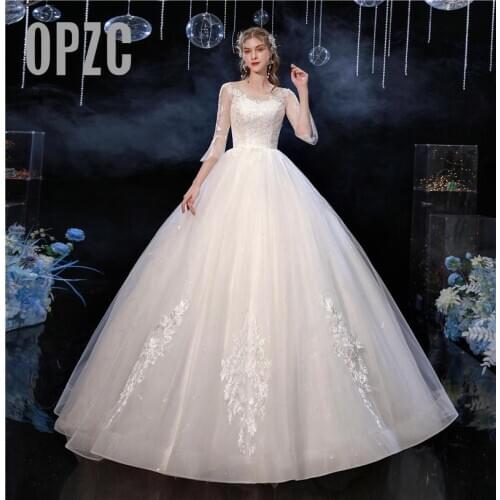 New Arrival Beautiful Sweet O-Neck Plus Size Wedding Dress Three Quarter Flare Sleeve Lace Embroidery Vestidos De Novia Bride