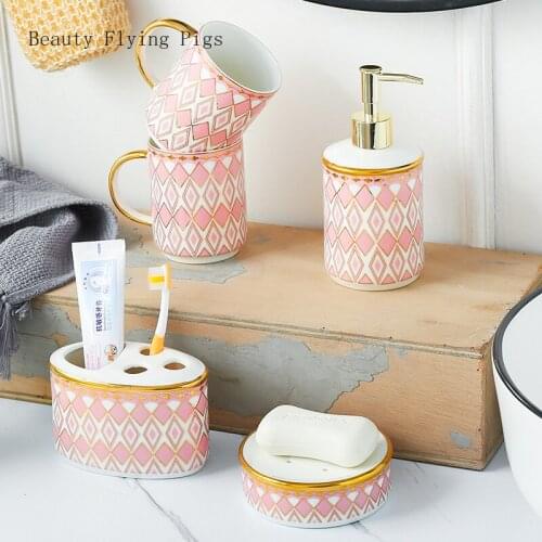 1 Set European Style Ceramics Wash Supplies Toothbrush Cup Shampoo Lotion Bottle Toothbrush Holder Soap Box Five Piece Set