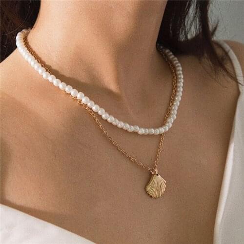 2 Pcs/Set Sweet Imitation Pearl Chain Necklace for Women Fashion Scallop In Shell Shaped Pendant Necklace Party Jewelry Gifts