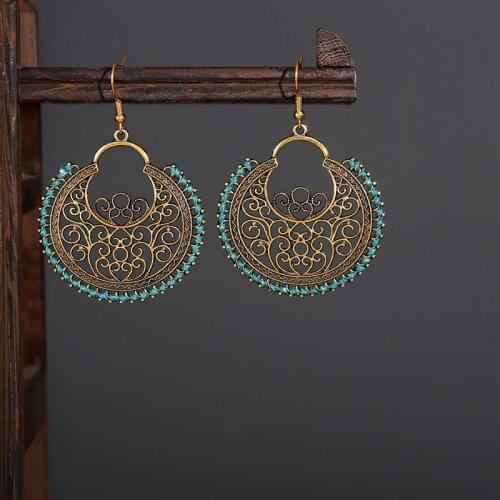 2021 Retro Womens Round Gold Color Earrings Turkish Jewelry Bijoux Vintage Handmade Green Silk Turkey Boho Earrings