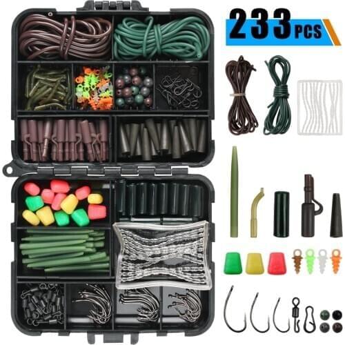 233Pcs/Box Carp Fishing Tackle Including Safety Clips Hook Swivels Bait Screw Anti-Tangle Sleeves Beads Corn Baits Accessories