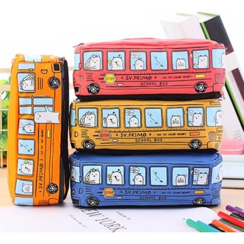Cartoon Bus Pencil Bag Canvas Large Capacity Car Zipper Pen Pencilcase for Student Stationery School Supplies