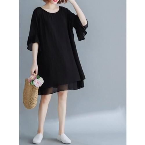 #0343 Black Chiffon Dress Women Butterfly Sleeves Mini Dress Loose Double Layer A-line Dress Female Casual Chiffon Short Dress