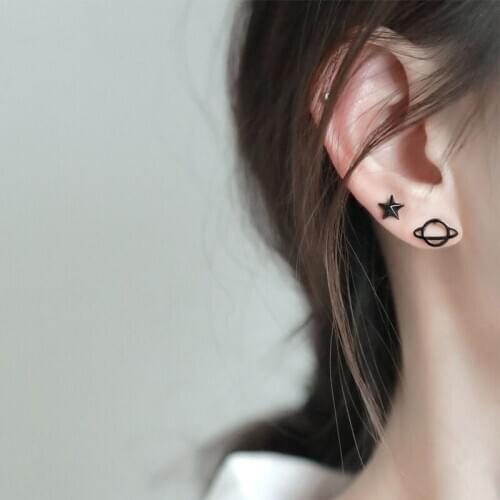 Black Mini Small Love Star Cross Round Triangle Stud Earrings for Women Youth Student Jewelry Gift