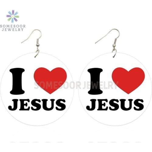 SOMESOOR I Love Jesus Both Sides Printed Wooden Drop Earrings God Blessed Style Wood Dangle Jewelry For Christian Women Gifts