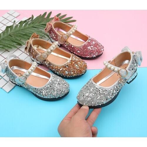 Childrens Leather Shoes Girls Kids Rhinestone Princess Shoes For Wedding And Party Girl Dance Performance Shoes Gold Silver Pink