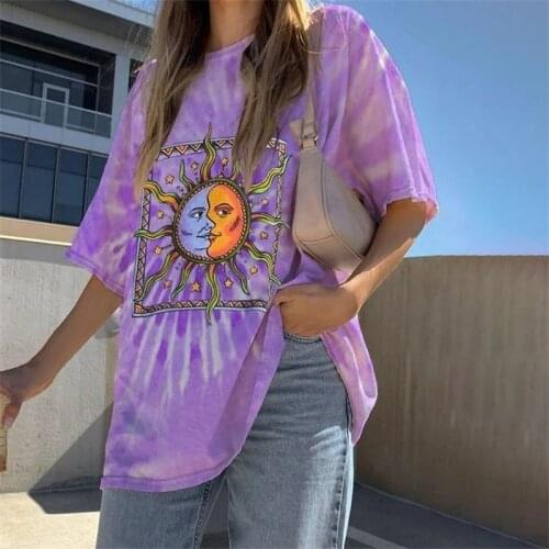 Sun Moon Purple Tie Dye Graphic T Shirts for Girls Vintage Casual Wear 2021 New Summer Woman Tshirts Tee Tops O-Neck Loose 3XL