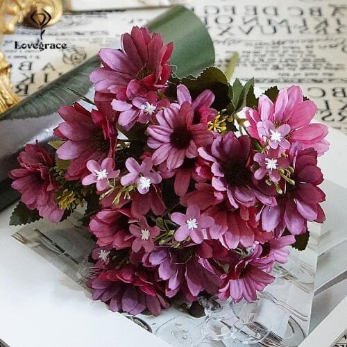 Autumn Fake Daisy Silk Flowers Bouquet Fall Gerbera Daisy Artificial Plastic Flowers Wedding Home Accessories Room Decor Flowers