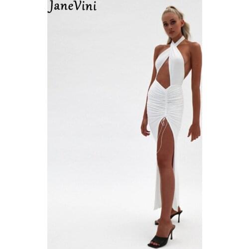 JaneVini Women White Sexy Halter Bodycon Dresses Backless Side Split Club Party Sleeveless Fashion Solid Dress Summer Streetwear