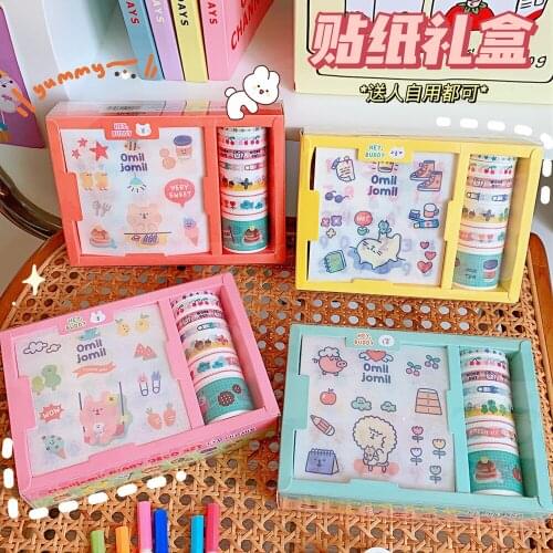 Kawaii Cartoon Stickers and Washi Masking Tape Suit Gift Box Girl DIY Diary Journal Decoration School Stationary Supplies