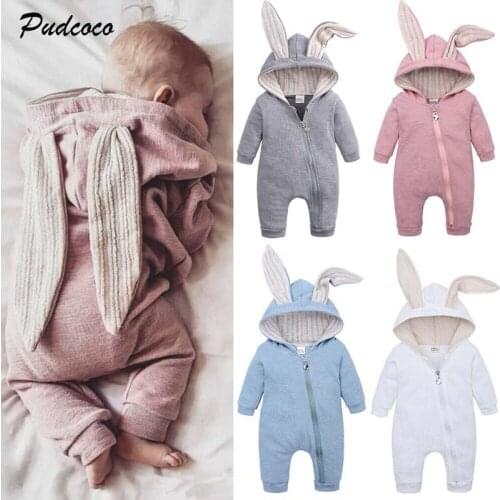 2019 Brand Autumn Newborn Baby Boy Girl Rabbit Ears Romper Super Cute Hooded Zipper Long Sleeve Jumpsuit Overall Baby Clothes
