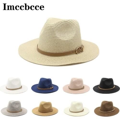 Summer Hat for Women Men Panama Straw Hats Travel Visor Beach Sun Hat Wide Brim Casual Simple Flat Top Fedora Jazz Hat Feminino