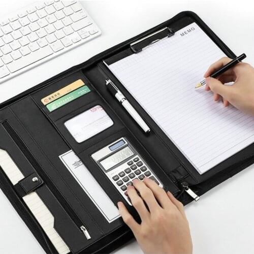 Multifunction Document Organizer Business Portfolio A4 PU Leather Padfolio Conference Folder With Zipper And Calculator