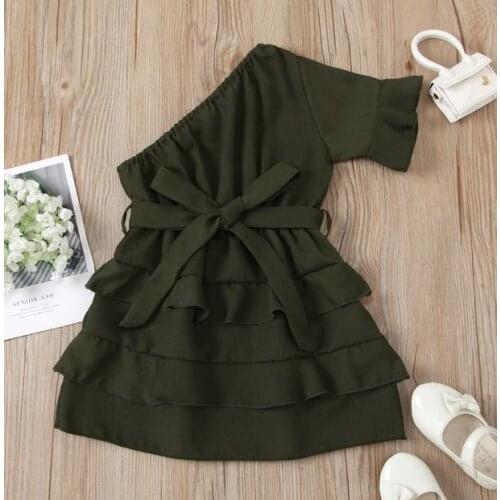 2021 Fashion Toddler Kids Girls Summer Short Sleeve Party Dress Ruffle Solid Color One Shoulder Bowknot Layered Dress