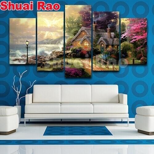 5 piece Seashore Cottage Classic Diamond Painting for living room decorative pictures painting Diamond embroidery 5 Panel