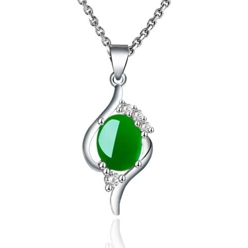 NATURAL GREEN JADE CHALCEDONY OVAL PENDANT 925 SILVER NECKLACE CHINESE CARVED CHARM JEWELRY FASHION AMULET GIFTS FOR WOMEN