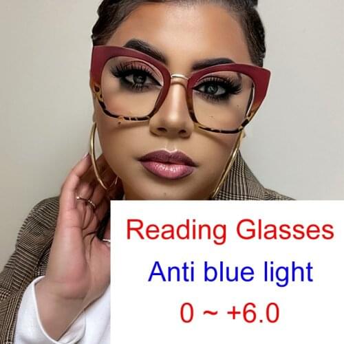 Fashion Oversized Cat Eye Anti Blue Light Reading Glasses Men Women Hyperopia Eyeglass Presbyopia Prescription Glasses 0 to +6.0