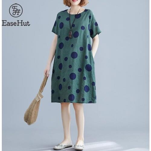 EaseHut Vintage Women Cotton Linen Dress Polka Dot Print O Neck Short Sleeve Pocket Loose Casual Dress Summer Dress Women