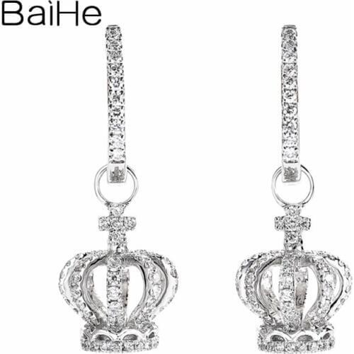 BAIHE Solid 14K White Gold 0.60ct H/SI Round Natural Diamond Earrings Wedding Trendy Fine Jewelry crown Stud Earrings for Women