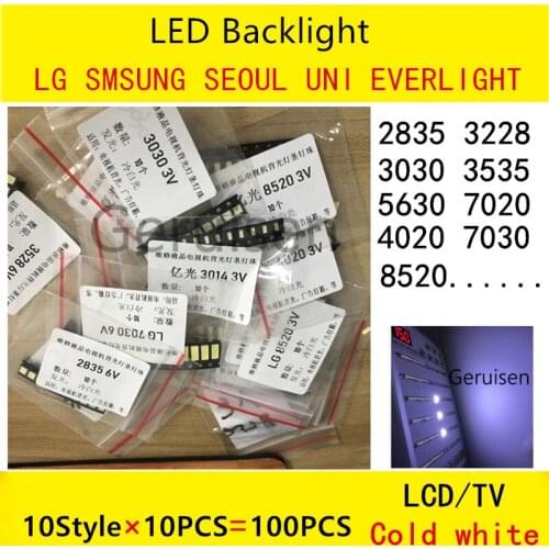 Cold white 10 values *10pcs=100PCS For TV Backlight Beads 2835/3030/3535/3014/5630/6030/7020/7030/7032 1W/0.5W SMD LED Kit 3V/6V