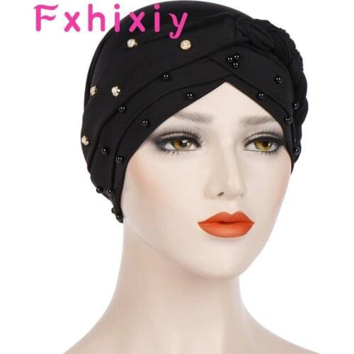 Muslim Solid Women Cross Silk Braid Pearl Bead Turban Hat Chemo Caps Hijab Headwear Headwrap Plated Hair Loss Cover