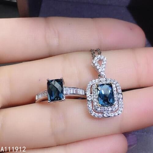KJJEAXCMY fine jewelry natural blue topaz 925 sterling silver women gemstone pendant necklace ring set support test fashion