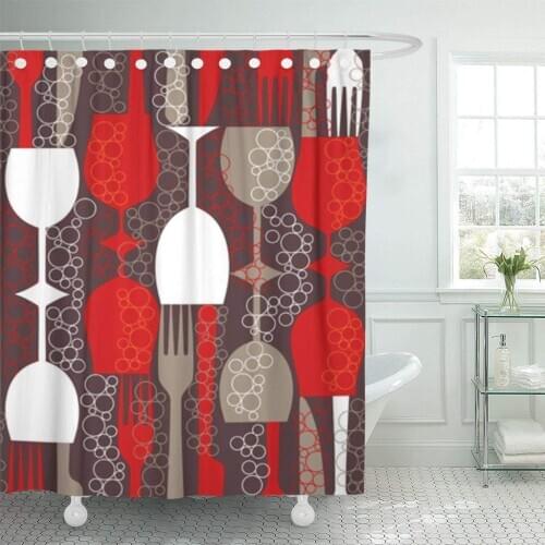 Colorful Pattern Lunch in Retro Red 1950S Wine Drink Shower Curtain Waterproof Polyester Fabric 72 x 72 Inches Set with Hooks