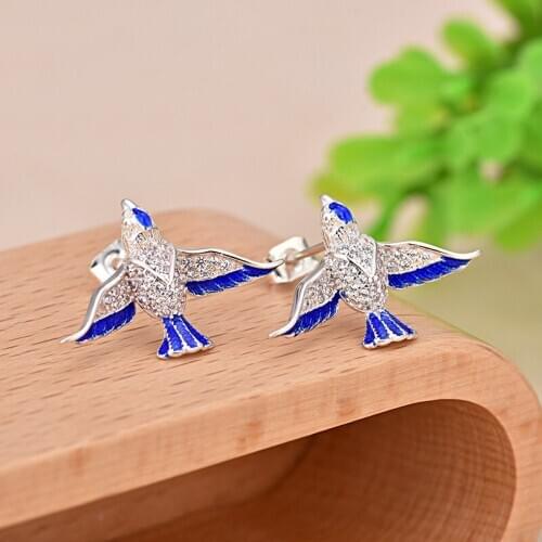Buyee 925 Sterling Silver Unique Stud Earring Shiny Zircon Swallow Enamel Earring for Women Fashion Rock Punk Animal Jewelry