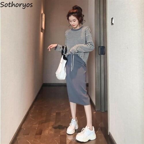 Women Sets Fashion 2 Pieces Outfits Striped Vintage Knitted Sweaters Elastic-waist Elegant Skirts Ladies Chic Casual All-match