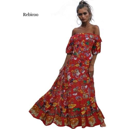 Rebicoo Spring Summer Long Dress Women Slash Neck Floral Print Beach Sexy Bohemian Night Club Party Bandage Maxi Dresses