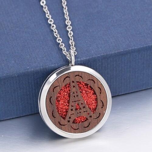 1pc Hollow Magnetic Eiffel Tower Locket Wood Pendant Jewelry Aroma Perfume Fragrance Essential Oil Diffuser Locket Necklace
