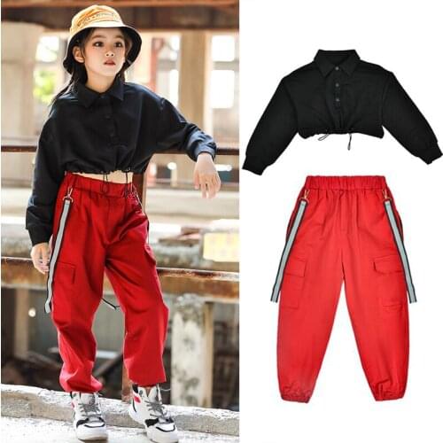 2021 Modern Hip Hop Clothing Girls Jazz Street Dance Costumes Black Tops Red Hiphop Pants Performance Wear Stage Outfits BL5716