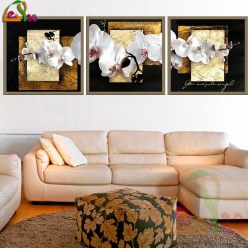 5D Diy Full Square/Round Diamond Painting Triptych Orchid Diamond Embroidery Abstract Modern Flower Mosaic Picture Home Decor