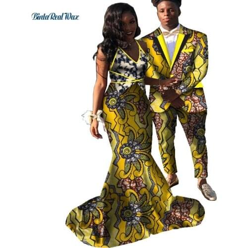 African Dresses for Couples Bazin Riche Mens Suit and Pants Sets Couples Clothes Print Long Dress African Clothing WYQ565