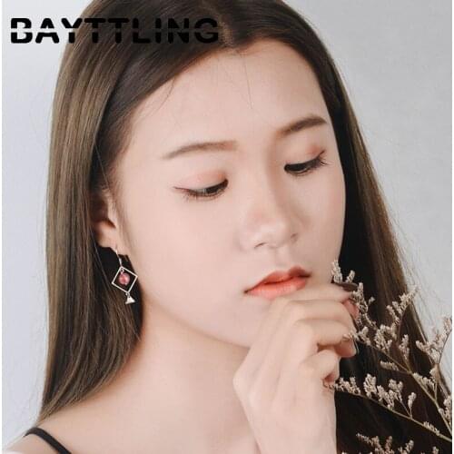 BAYTTLING 925 Sterling Silver 36MM Square Strawberry Crystal Triangle Drop Earrings For Woman Charm Wedding Jewelry Gift Couple