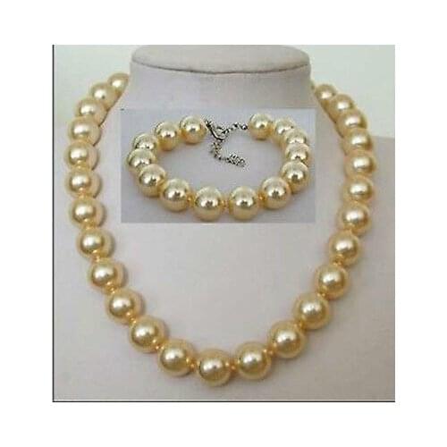 Free deliver Nobility Lucky Women beautiful 12 mm golden shell pearl necklace bracelet set hook