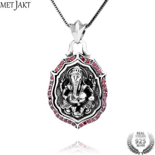 MetJakt Buddhism Wealth Elephant Pendant Necklace with Zircon Solid 925 Sterling Silver Pendant and Chain for Religious Jewelry
