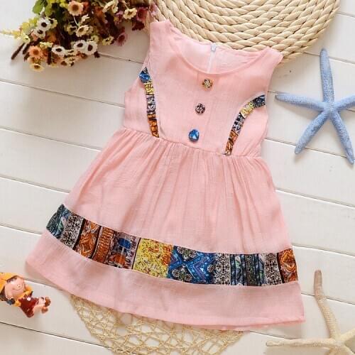 Summer cotton childrens costume 2016 national wind three button printing sleeveless girl dress Korean princess dresses bow baby