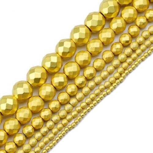 JHNBY Matte Gold Faceted Round Hematite Natural Stone 2/3/4/6/8/10mm Spacer charms Loose Beads For Jewelry Making Diy bracelets