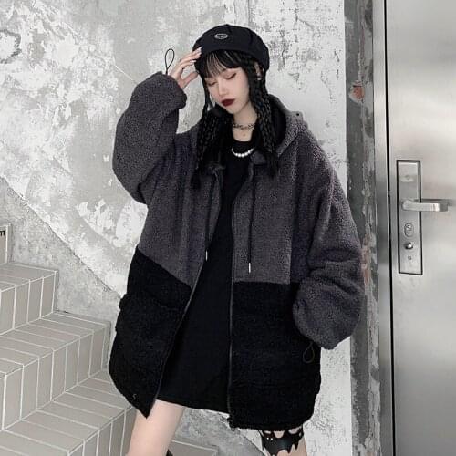 Lambs Wool Thicken Hooded Jacket Autumn Winter Oversize Warm Zipper Coat New Casual Street Color Matching Loose Outerwear Female