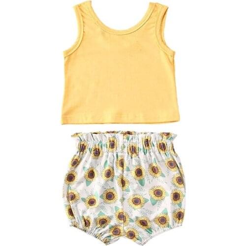 Summer Kids Baby Girl 2PCS Clothes Sets Boho Solid Vest Crop Tops Sunflowers Shorts Outfits Child Girl Beachwear 1-6Y