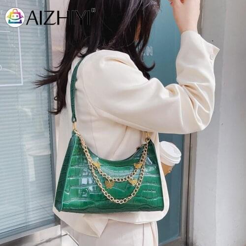 Fashion Women Butterfly Chain Alligator Pattern Pure Color PU Leather Shoulder Underarm Bag Casual Ladies Small Hobos Handbag