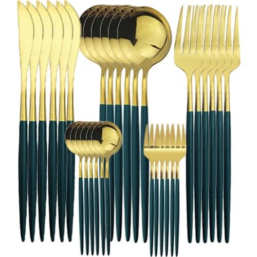 Cutlery Set Green Gold 30Pcs Dinnerware Bright Fruit Cake Fork Stainless Steel Tableware Set Kitchen Flatware Set Des Fork