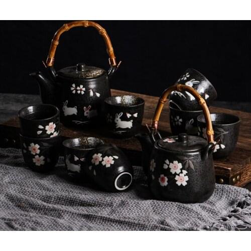 New Japanese kungfu tea set set household black pottery ceramic Cherry Blossom teapot teacup black rabbit pattern