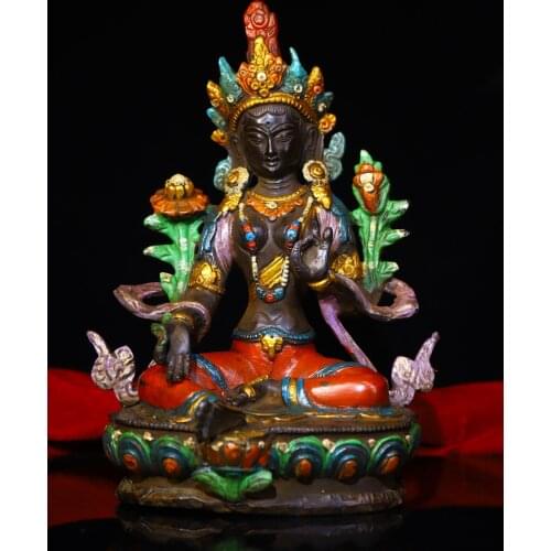 Tibetan Buddhist handmade Green Tara buddha Statue, Old Pure copper Hand painted Tara sculpture