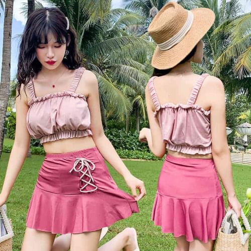 2021 Korean Sling Pleated Side Tube Top Skirt-Style Cross Rope Bow Knot Small Chest Gathered Hot Spring Swimsuit Sexy Bikini