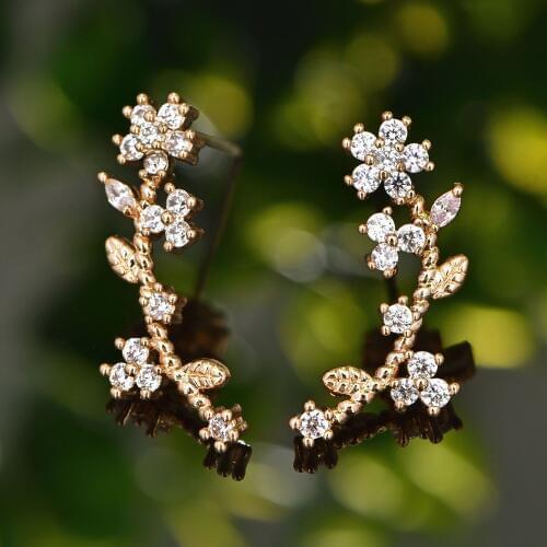 Vendimia New Crystal Lady Gold Color Zircon Leaf Flower Stud Earrings for Women Girl Small Ear Cuff Clips Cuff Jewelry