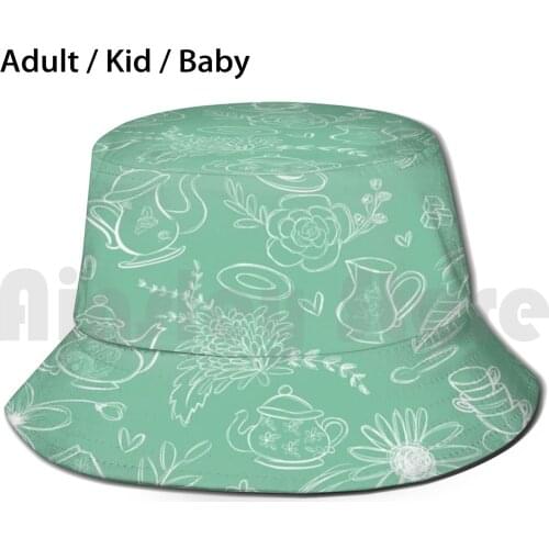 Tea Time Mint Green Sun Hat Foldable UV Protection Cute Tea Party Tea Time Floral Designs Tea Party Cute Designs